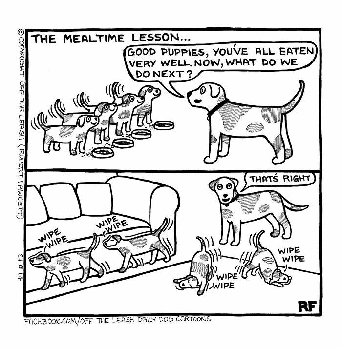 Black and white comic showing the chaos and joy of owning a dog during mealtime lessons with puppies.