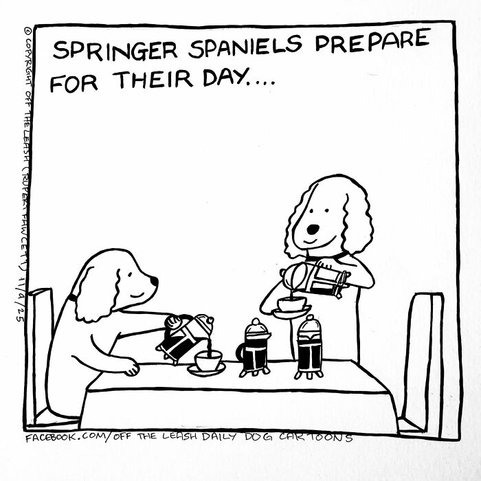Cartoon of Springer Spaniels preparing coffee, illustrating the chaos and joy of owning a dog in a humorous comic style.