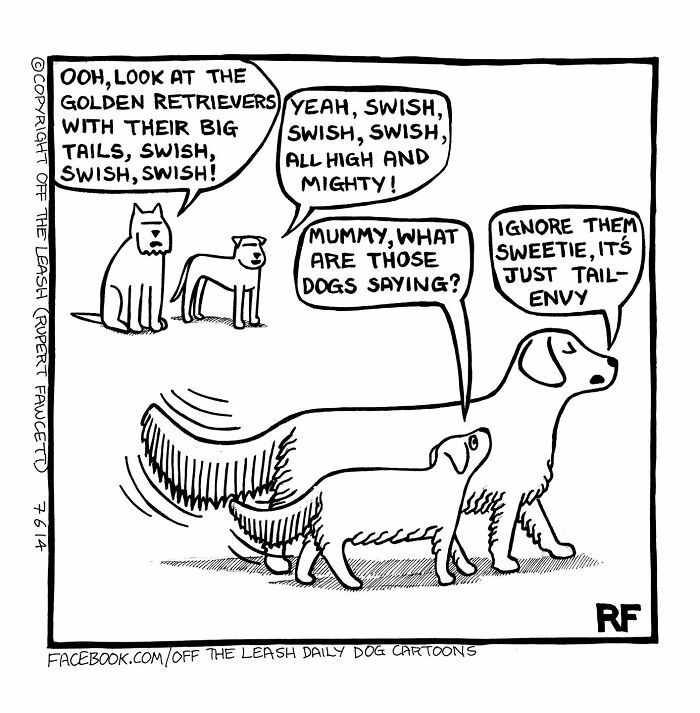 Comic showing dogs with wagging tails and dialogue illustrating the chaos and joy of owning a dog in a cartoon style.