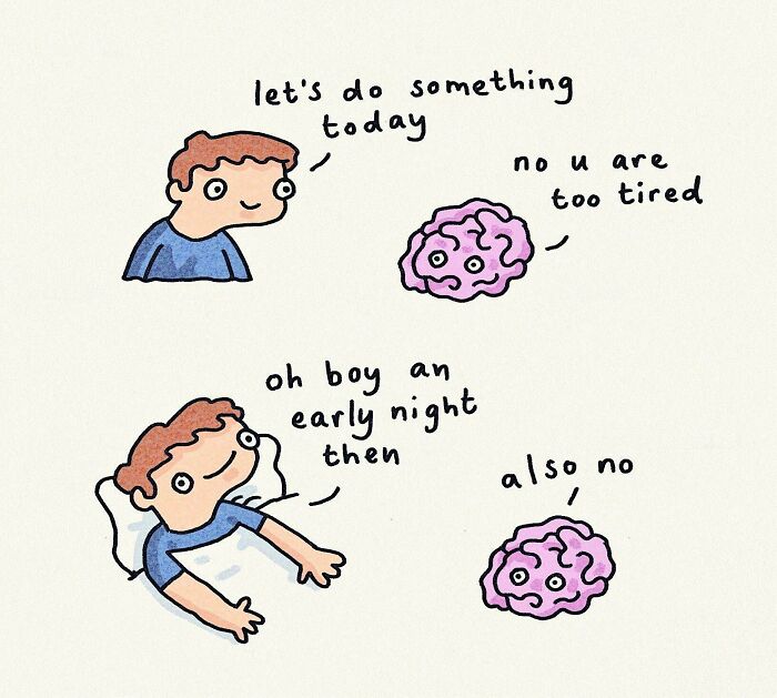 Cartoon showing a person and brain debating plans, illustrating a funny insomnia meme about tiredness and sleeplessness.