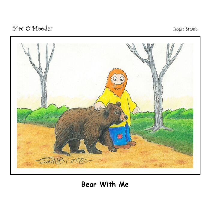 Mac O’Moodus comic showing a man with a beard walking alongside a bear in a playful outdoor scene.