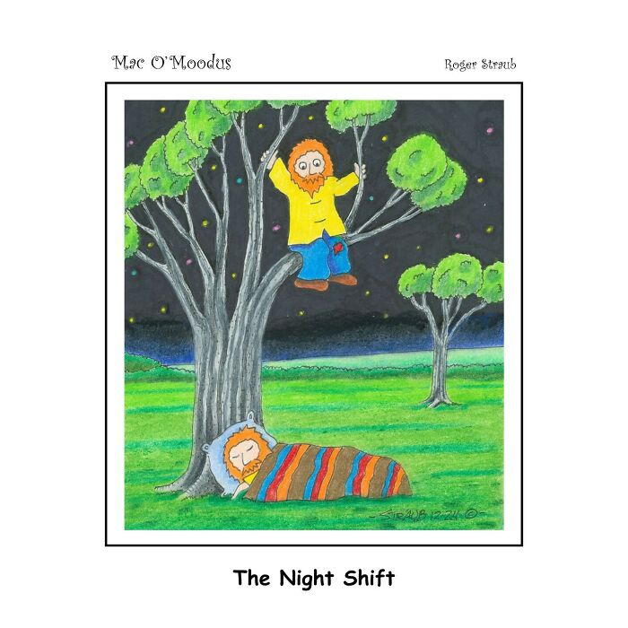Playful Mac O’Moodus comic showing a man climbing a tree while his sleeping self rests below under night sky.