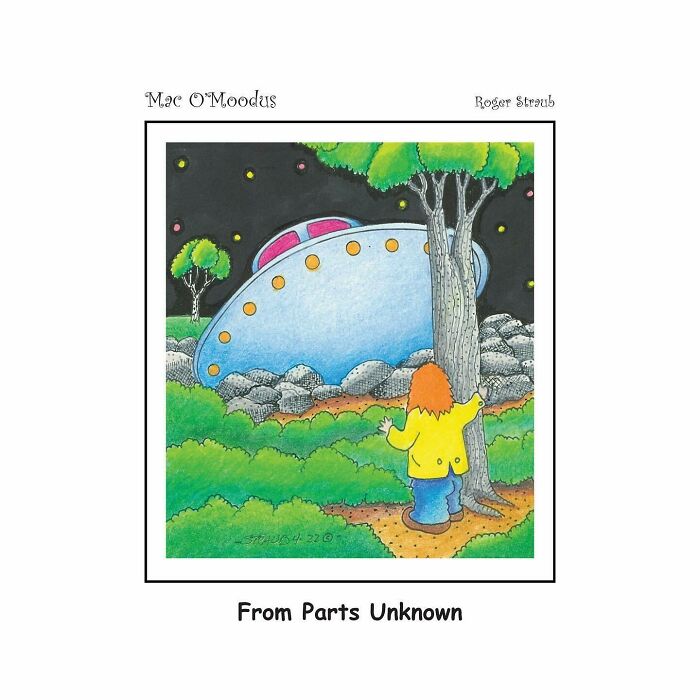 Colorful Mac O’Moodus comic by Roger Straub showing a person in a yellow jacket discovering a UFO in the forest at night.