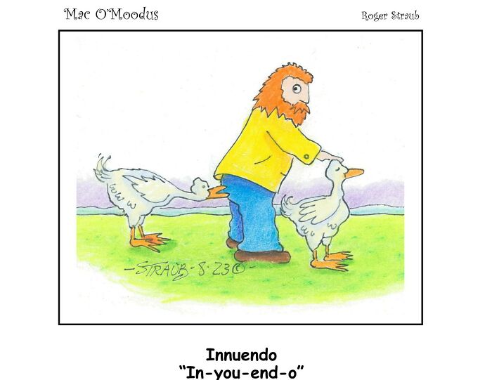 Man in yellow jacket petting geese in a colorful playful Mac O’Moodus comic by Roger Straub featuring clever puns.