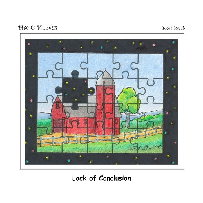Mac O’Moodus comic puzzle with one missing piece showing a red barn and tree in a colorful countryside scene.