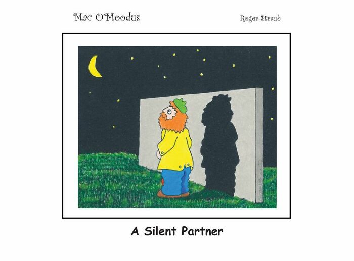 Mac O’Moodus comic by Roger Straub showing a man at night with a shadow on a wall, illustrating playful puns.
