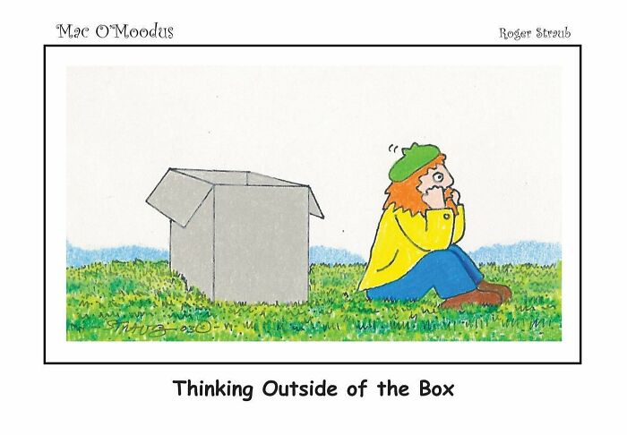 Mac O’Moodus comic by Roger Straub shows a character sitting outside a box, illustrating playful pun humor in comics.