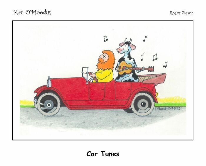 Mac O’Moodus comic showing a man driving a red car with a guitar-playing cow singing playful puns.