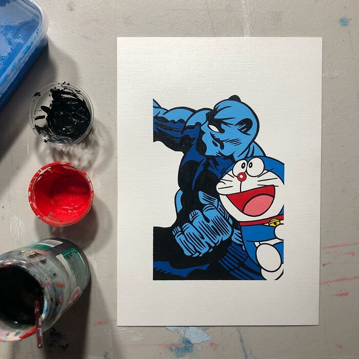 Pop culture and cartoon character mash-up artwork featuring a muscular blue figure and a happy cartoon cat.