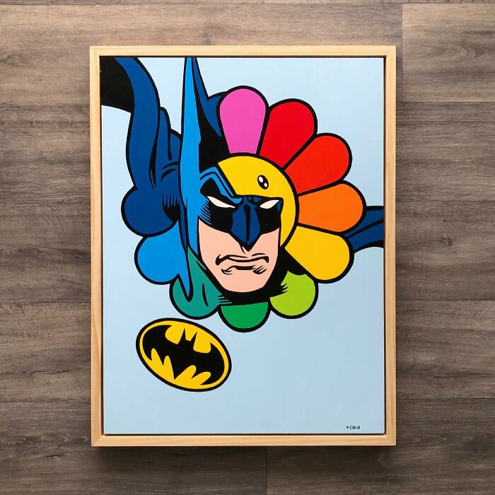 Pop mash artwork featuring a creative mash-up of Batman and colorful cartoon flower petals in a framed painting.