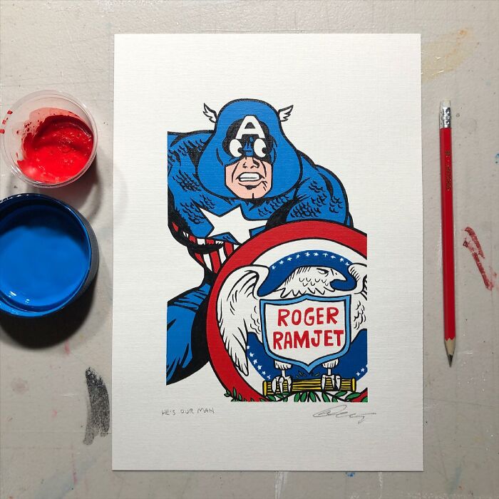 Pop mash artwork blending Captain America with a cartoon style shield featuring Roger Ramjet emblem.