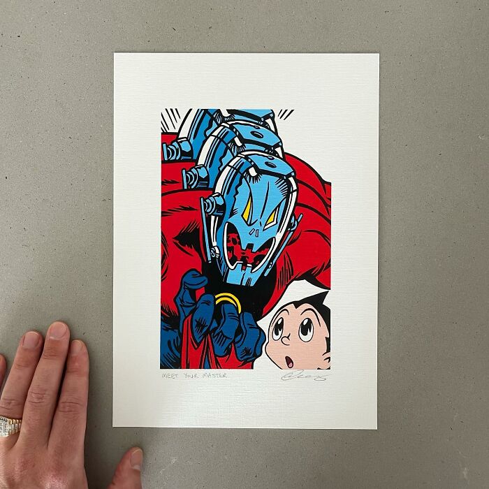 Pop culture and cartoon character mash-ups artwork showing a robotic creature interacting with a surprised cartoon boy.