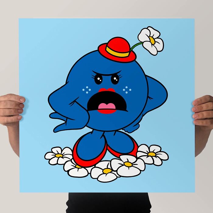 Person holding artwork featuring a pop culture and cartoon character mash-up with blue figure, red hat, and white flowers.