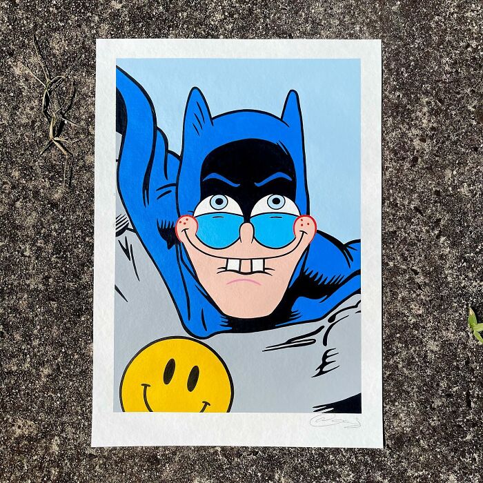Pop culture and cartoon character mash-up artwork featuring a quirky Batman-inspired figure with a smiley face emblem.
