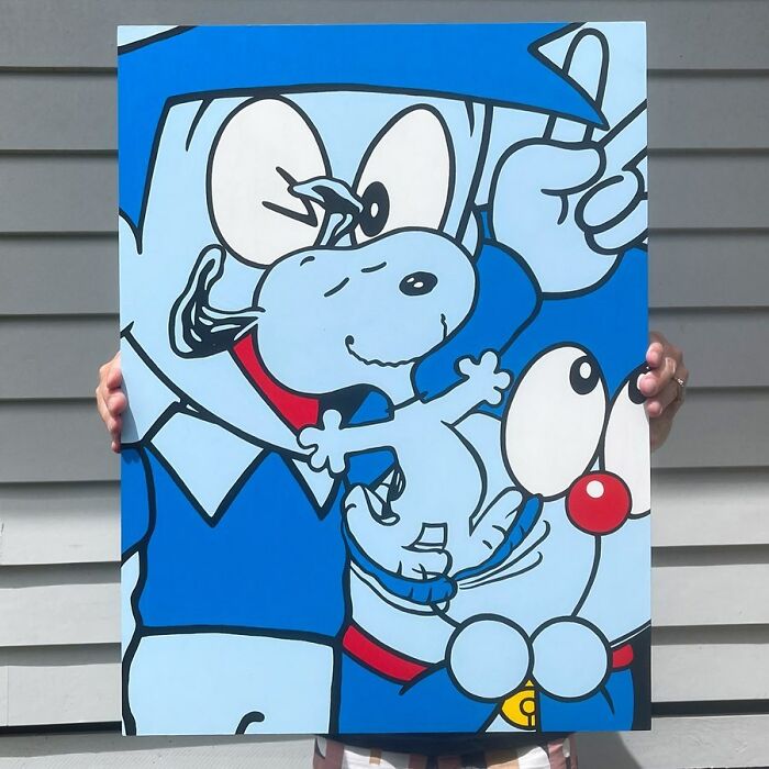 Pop culture and cartoon character mash-up painting with bold blue tones, featuring iconic characters in a unique pop mash style.