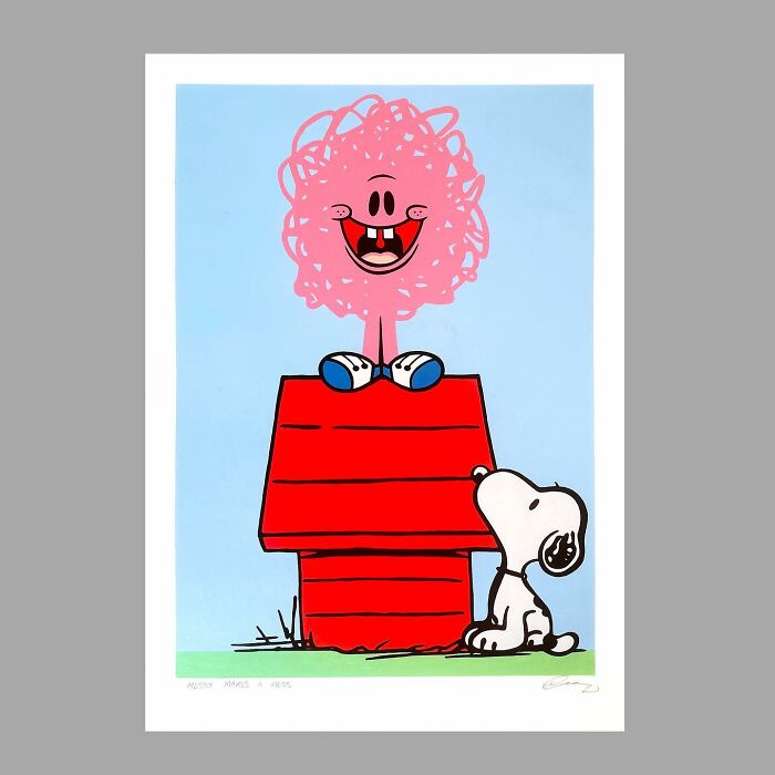 Pop culture and cartoon character mash-up artwork featuring a playful pink character on a red doghouse with Snoopy.