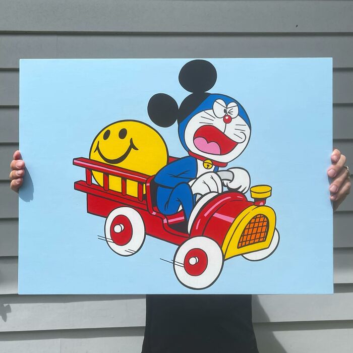 Pop culture and cartoon character mash-up art featuring a hybrid character driving a red toy car with a smiley face.