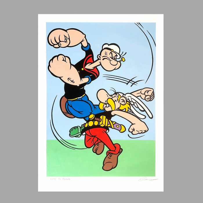 Pop culture and cartoon character mash-up artwork showing dynamic action pose with vivid colors and bold outlines.