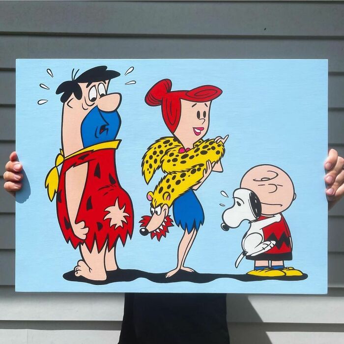 Pop culture and cartoon character mash-ups artwork showing unique and creative pop mash designs on a painted canvas.