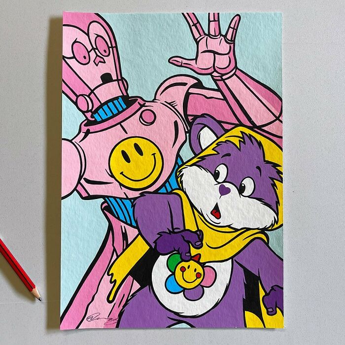 Colorful pop culture and cartoon character mash-up artwork featuring a purple bear and a pink robot with a smiley face.