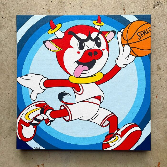 Pop culture cartoon character mash-up artwork showing a basketball-playing animated character in dynamic pose.