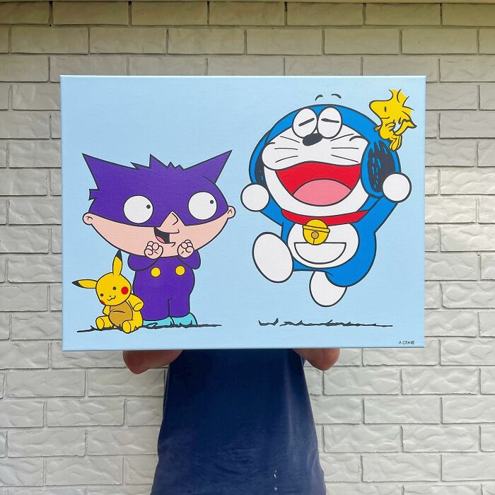 Pop culture and cartoon character mash-up artwork featuring a purple-costumed character, Pikachu, and a joyful blue robot cat.