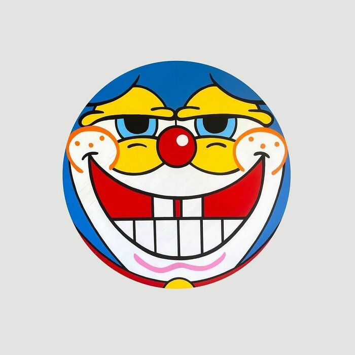 Pop culture and cartoon character mash-up artwork featuring a colorful, exaggerated smiling face in round shape.