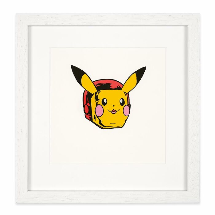 Pop culture and cartoon character mash-up artwork featuring a Pikachu Iron Man hybrid in a white frame.