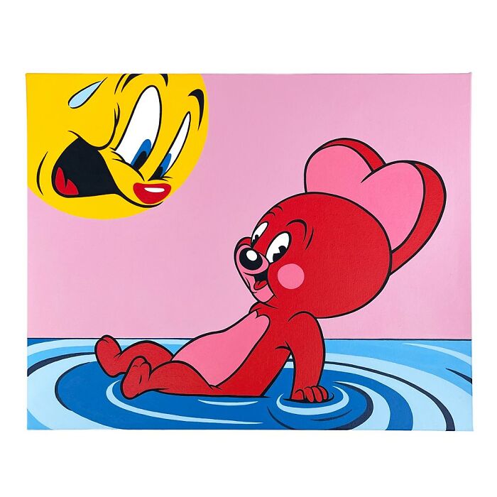 Pop mash artwork featuring a cartoon mouse with heart-shaped ears and a yellow character peeking from the corner.