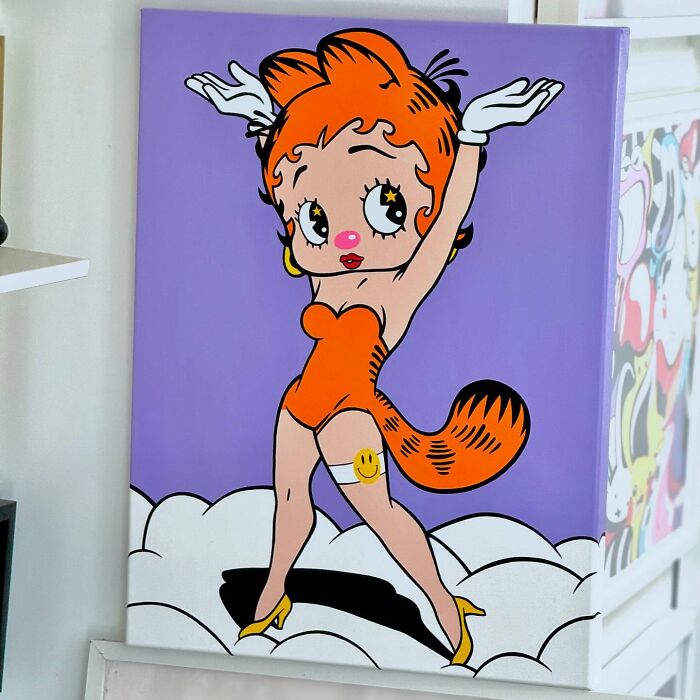 Pop culture and cartoon character mash-up artwork featuring a stylized female figure with orange hair and tail on a purple backdrop.