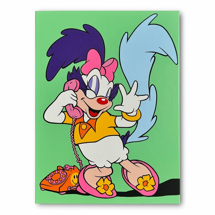 Pop culture and cartoon character mash-up artwork featuring a colorful hybrid character with a retro telephone.