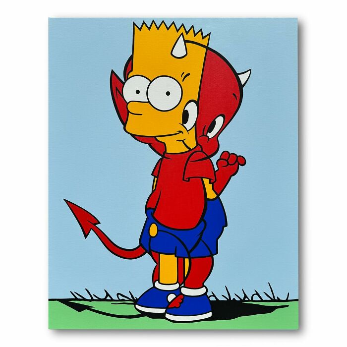 Pop culture and cartoon character mash-up artwork featuring a hybrid of Bart Simpson and a devil figure.