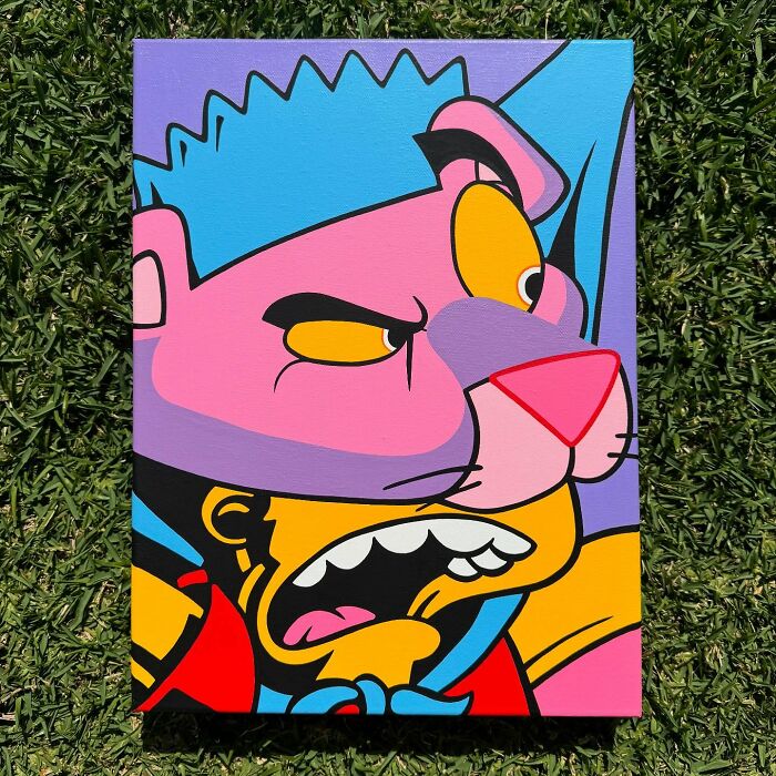 Pop culture and cartoon character mash-up painting with bold colors and expressive features in pop mash art style.