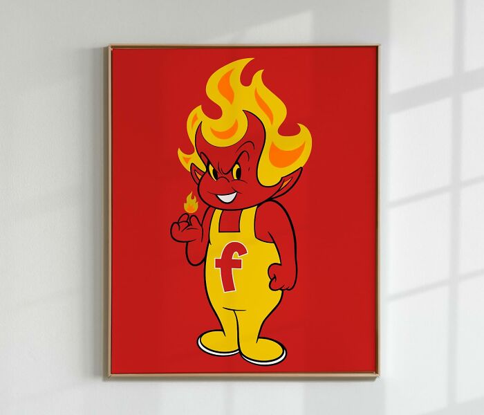 Pop culture and cartoon character mash-up artwork featuring a fiery character with a red background in a modern frame.