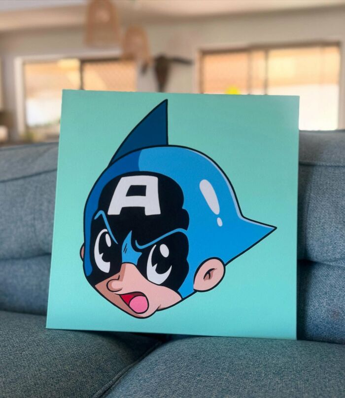 Pop culture and cartoon character mash-up artwork featuring a stylized Captain America face in pop mash style.