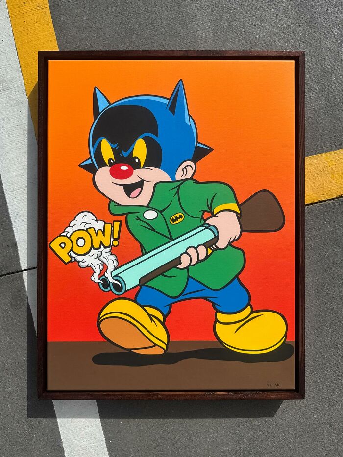Pop culture and cartoon character mash-up artwork of a playful figure with a gun and POW comic text on orange background.