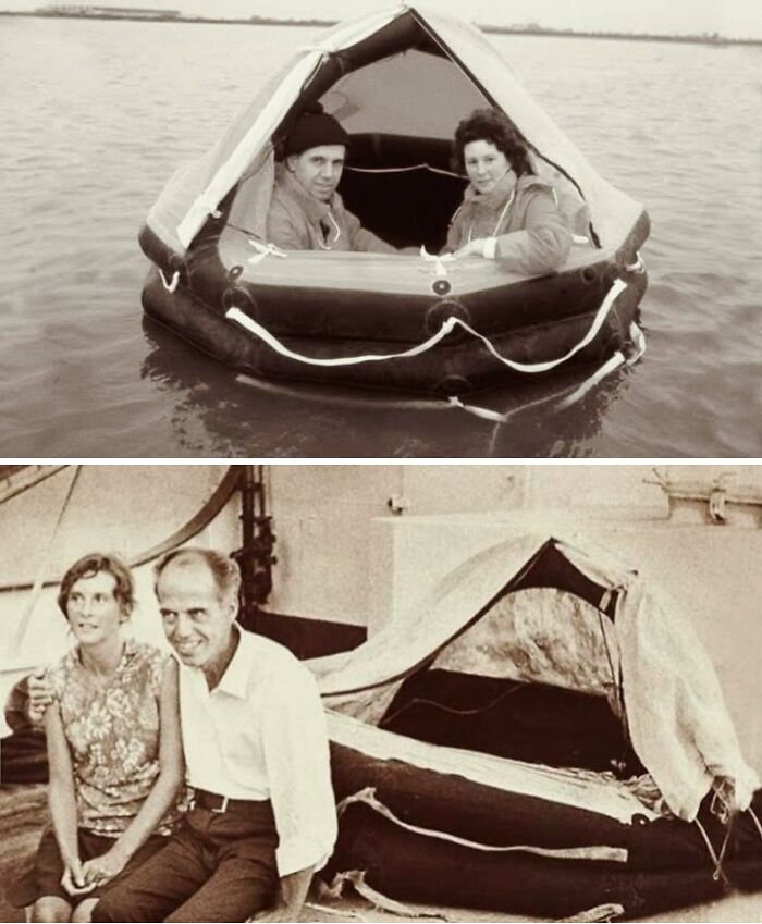 Vintage photos showing people’s lives on a lifeboat and sitting beside it, capturing moments from a different time.