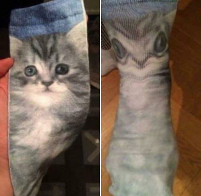 Cat print sock shown in picture looks cute but appears distorted and creepy when worn, illustrating misleading product images.