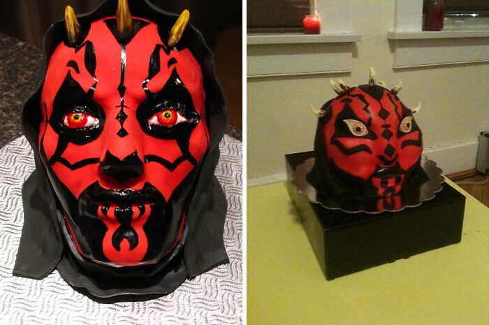 Red and black face mask with horns and eyes, showing a purchased item that looks different than expected.