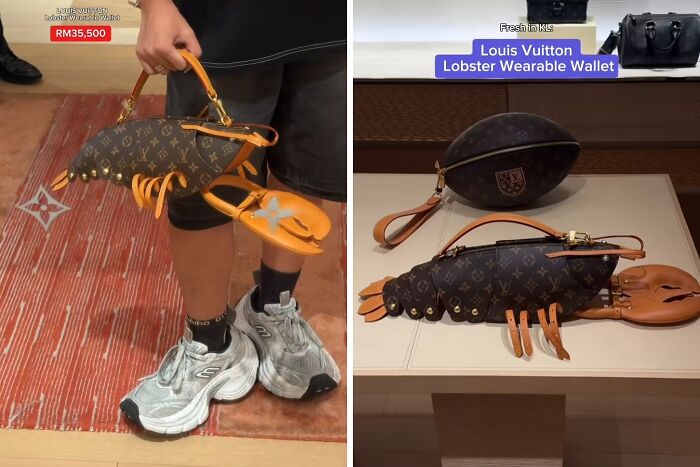 Louis Vuitton lobster wearable wallet handbag shown in weird and blessed cursed luxury accessory photos.