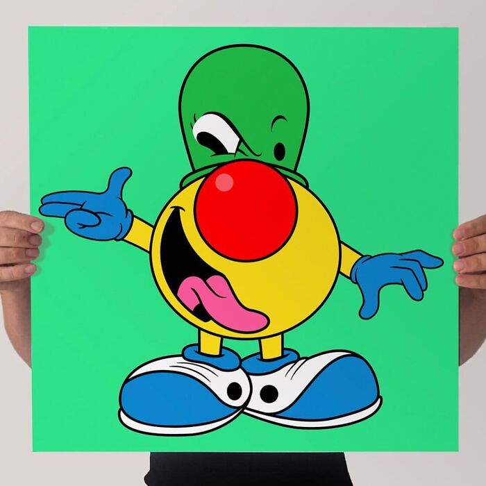 Colorful pop culture and cartoon character mash-up artwork with playful expression and vibrant background by artist.