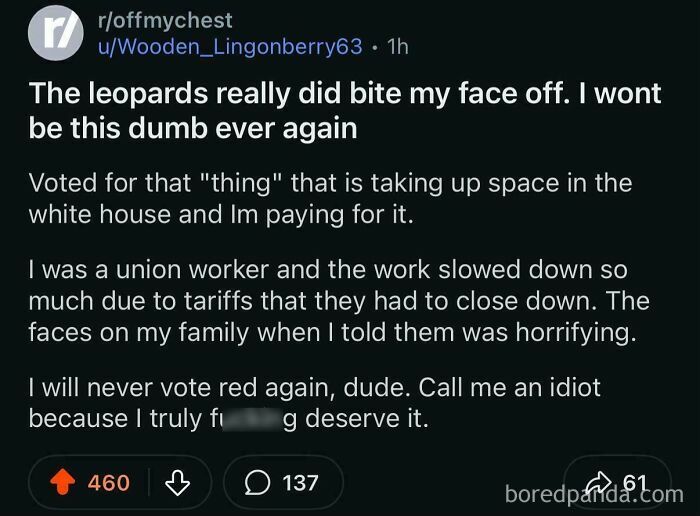 Reddit post about facing consequences after voting, illustrating actions meeting consequences through personal hardship shared online.