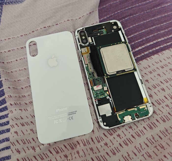 Disassembled iPhone showing internal electronics and back panel, highlighting common mistakes in handling electronics.