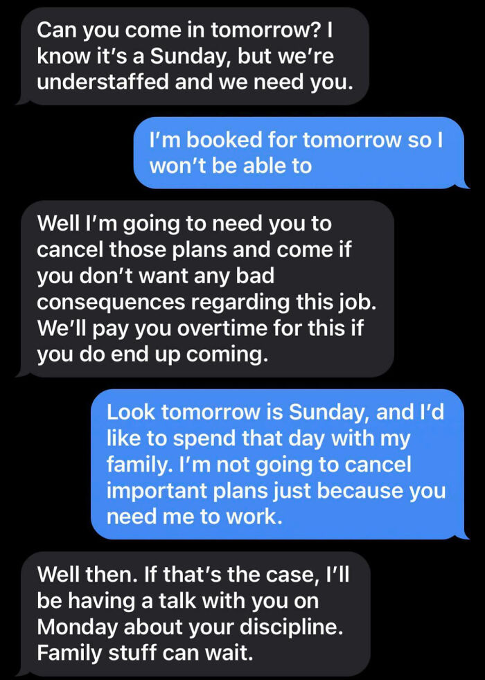Text message conversation showing an employee refusing to work on Sunday and boss insisting on discipline, illustrating why people hate their boss.