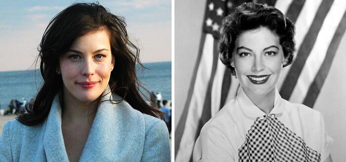 Side-by-side images of a modern actress and her historical counterpart, illustrating celebrities playing historical figures.