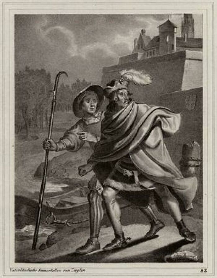 Medieval history scene showing two men in period clothing near a castle wall, reflecting medieval history enthusiasts' interest.