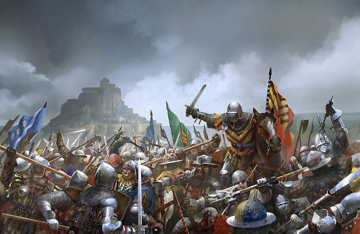 Medieval history enthusiasts reenacting a battle scene with knights in armor, swords, and flags near a castle under stormy skies.