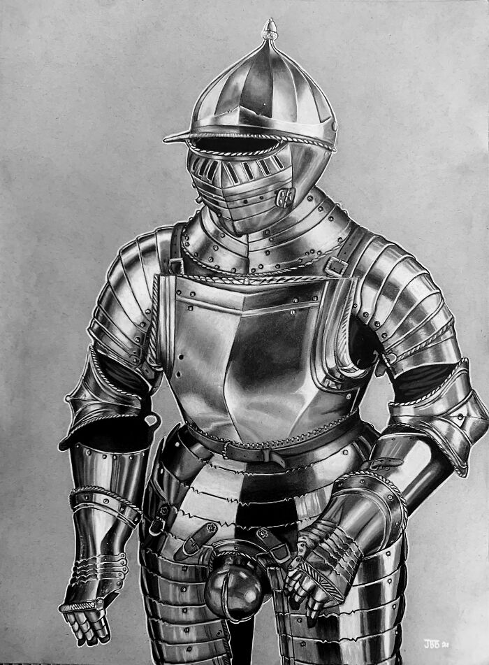 Detailed black and white drawing of medieval armor suit, highlighting craftsmanship for medieval history enthusiasts.