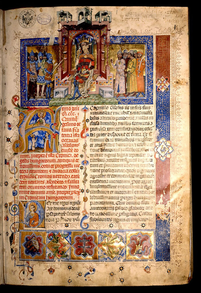 Illuminated medieval manuscript page featuring knights, a crowned figure, and intricate border designs for medieval history enthusiasts.