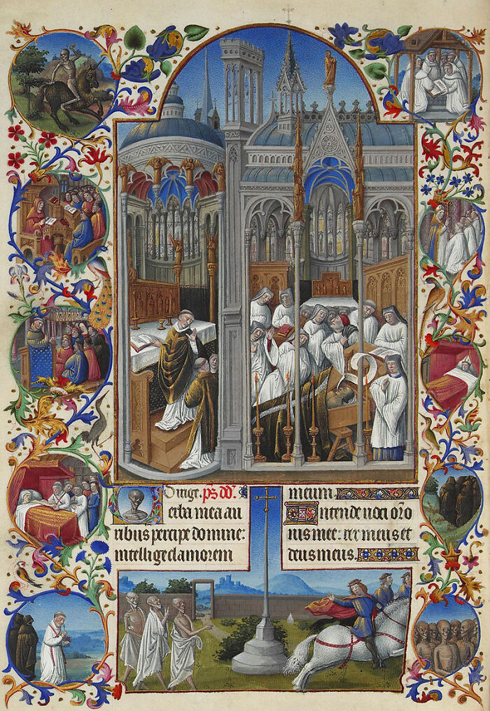 Medieval manuscript illumination depicting religious scenes with monks, knights, and detailed medieval architecture and decoration.